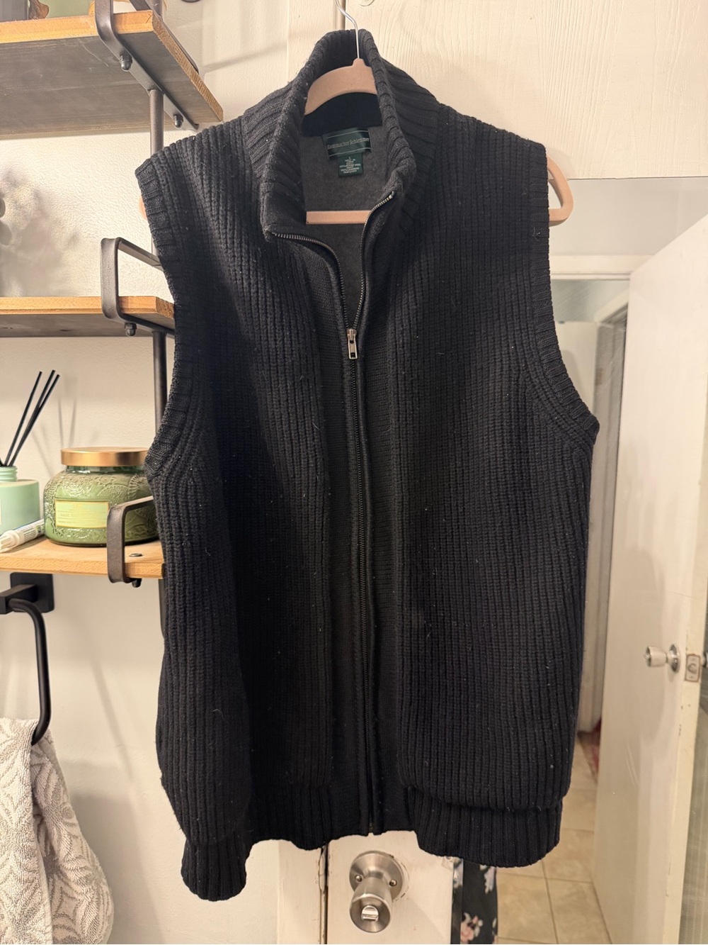 Men's Black Wool Outer/Cashmere Liner Zip-Front Sweater Vest
